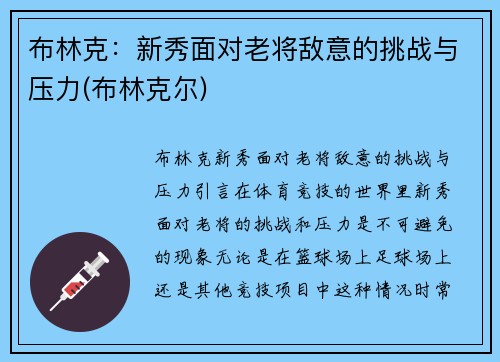 布林克：新秀面对老将敌意的挑战与压力(布林克尔)