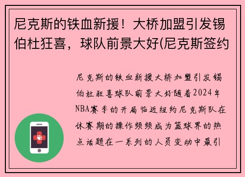 尼克斯的铁血新援！大桥加盟引发锡伯杜狂喜，球队前景大好(尼克斯签约锡伯杜)