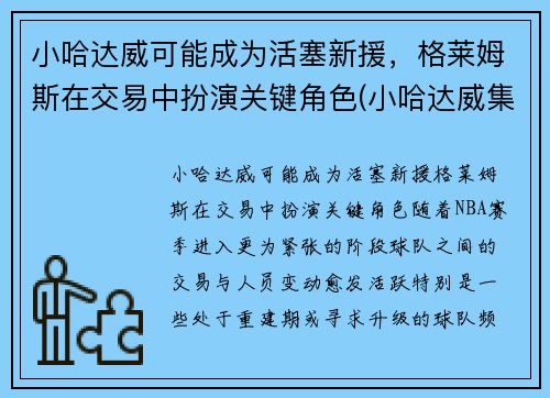 小哈达威可能成为活塞新援，格莱姆斯在交易中扮演关键角色(小哈达威集锦)
