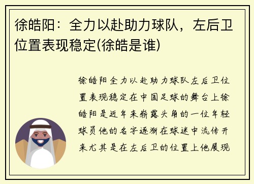 徐皓阳：全力以赴助力球队，左后卫位置表现稳定(徐皓是谁)