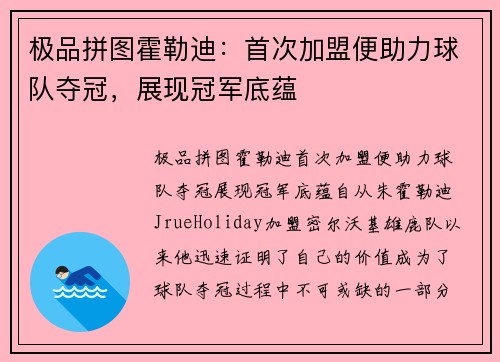 极品拼图霍勒迪：首次加盟便助力球队夺冠，展现冠军底蕴