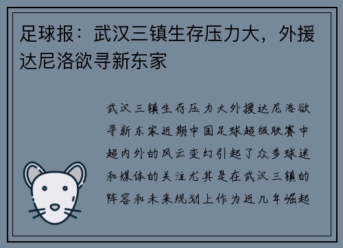 足球报：武汉三镇生存压力大，外援达尼洛欲寻新东家