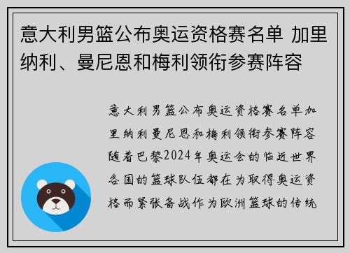 意大利男篮公布奥运资格赛名单 加里纳利、曼尼恩和梅利领衔参赛阵容